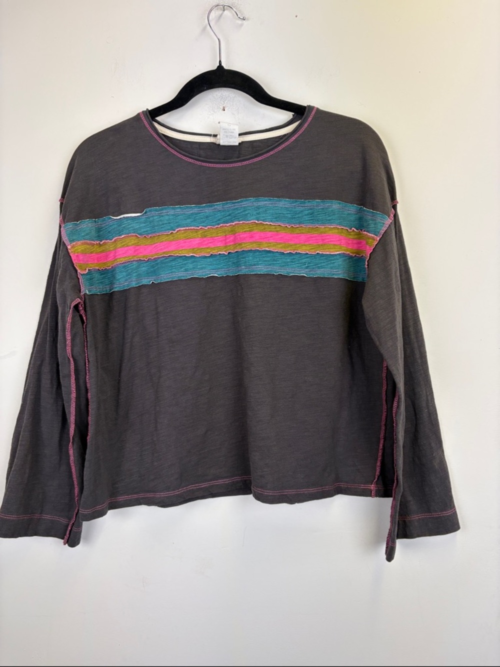 Natural Life Boho Long Sleeve Top Stripe Patchwork Raw Hem Size S